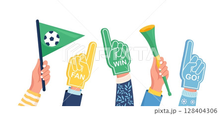 Set of colorful foam hand, flags, trumpet. Cheering Sports Fans. Fan foam fingers for show support for a team on championship game. Encouragement symbol. Number one and best Set of colorful foam hand, flags, trumpet. Cheering Sports Fans. Fan foam fingers for show support for a team on championship game. Encouragement symbol. Number one and best 128404306