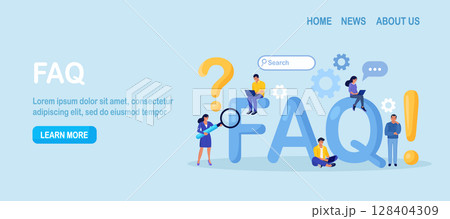 Frequently Asked Questions. People Standing near Giant FAQ, Exclamations and Question Marks. Clients Ask Questions, Search and Receive Answers. Help Information, Instruction. Online Support Center 128404309