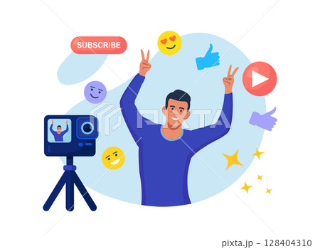 Social media post, blogging. Influencer, blogger make video blog content. Character in front of camera recording video to share it in internet. Live streaming, broadcast. Selfie creative idea Social media post, blogging. Influencer, blogger make video blog content. Character in front of camera recording video to share it in internet. Live streaming, broadcast. Selfie creative idea 128404310