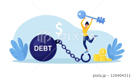 Happy woman with big key. Reduce debt burden. Female borrower opened shackles and got rid of debt. Financial freedom, money management. Loan restructuring. Character freed from monetary obligations 128404311