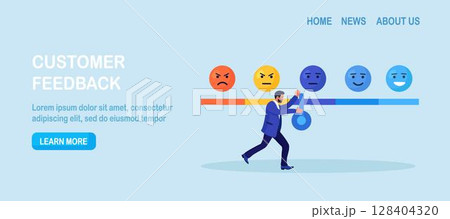 Businessman Pushing Arrow to Vote for Product and Services Quality. Customer Satisfaction Surveys with Emotions Icons, Emoji. Client Rating and Feedback. Evaluation of User Experience Businessman Pushing Arrow to Vote for Product and Services Quality. Customer Satisfaction Surveys with Emotions Icons, Emoji. Client Rating and Feedback. Evaluation of User Experience 128404320