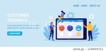 Customers Satisfaction. Feedback. Consumer opinion. Rating on Customer Service. Users Opinions with Emoticons and Checklists on Tablet. Client Choosing Satisfaction Evaluation and Leaving Review 128404321