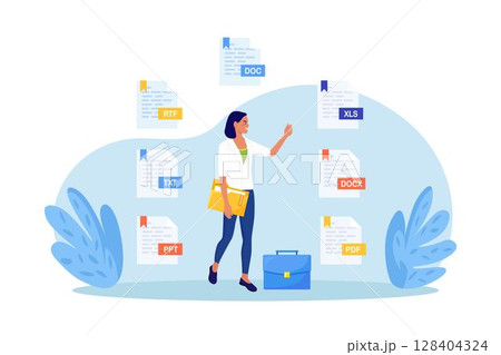 Converting, exchanging different file formats. Woman sharing or send with document in pdf, doc, xls or txt format. Documents conversion. Cloud service and information exchange. Download files Converting, exchanging different file formats. Woman sharing or send with document in pdf, doc, xls or txt format. Documents conversion. Cloud service and information exchange. Download files 128404324