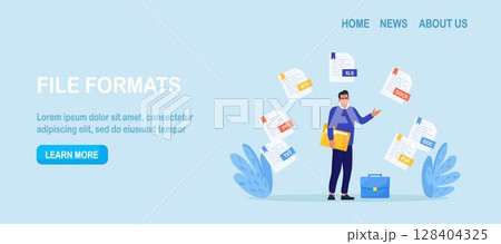 Converting, exchanging different file formats. Man sharing or send with document in pdf, doc, xls or txt format. Documents conversion. Cloud service and information exchange. Download files Converting, exchanging different file formats. Man sharing or send with document in pdf, doc, xls or txt format. Documents conversion. Cloud service and information exchange. Download files 128404325