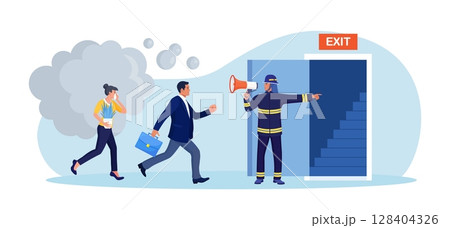 Employees leaving office, workplace in life-threatening situation. Building evacuation procedure. Fireman with megaphone announces fire emergency evacuation alarm. Firefighter with loudspeaker Employees leaving office, workplace in life-threatening situation. Building evacuation procedure. Fireman with megaphone announces fire emergency evacuation alarm. Firefighter with loudspeaker 128404326