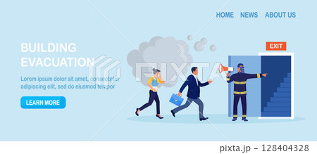 Employees leaving office, workplace in life-threatening situation. Building evacuation procedure. Fireman with megaphone announces fire emergency evacuation alarm. Firefighter with loudspeaker 128404328