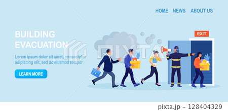Employees leaving office, workplace in life-threatening situation. Building evacuation procedure. Fireman with megaphone announces fire emergency evacuation alarm. Firefighter with loudspeaker Employees leaving office, workplace in life-threatening situation. Building evacuation procedure. Fireman with megaphone announces fire emergency evacuation alarm. Firefighter with loudspeaker 128404329