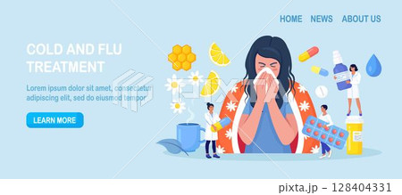 Young girl suffering from quinsy, or flu or any other virus cold. Woman sneezing and cough, using handkerchief or napkin. Ways to treatment illness with pills, medicines, hot tea with lemon, honey Young girl suffering from quinsy, or flu or any other virus cold. Woman sneezing and cough, using handkerchief or napkin. Ways to treatment illness with pills, medicines, hot tea with lemon, honey 128404331