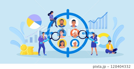 Focus group concept. People avatars in crosshair. Businessmen study audience, research consumer behavior. Target audience at aim. Customer attraction campaign, accurate seo, advertising Focus group concept. People avatars in crosshair. Businessmen study audience, research consumer behavior. Target audience at aim. Customer attraction campaign, accurate seo, advertising 128404332
