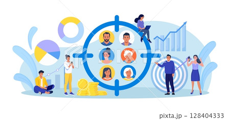 Marketing social focus group. People avatars in crosshair. Businessmen study audience, research consumer behavior. Target audience at aim. Customer attraction campaign, accurate seo, advertising 128404333