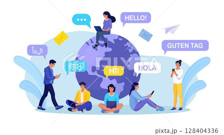 Young people chatting in foreign languages with phone. Multilingual greeting. Hello in different languages. Diverse cultures, international communication. Students with speech bubbles and earth planet 128404336