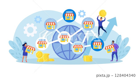 Franchising Concept. People Put Store on Huge Map. Businessmen Start Franchise Enterprise, Company or Shop with Corporate Headquarter. Franchising Branch Expansion. Retail Store or Service Network 128404340