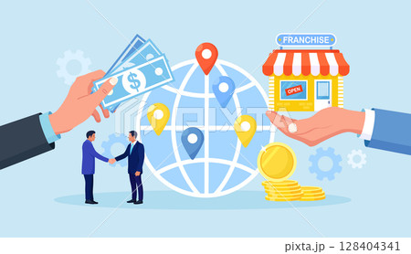 Businessmen Sign Franchise Agreement and Shaking Hands. Person Start Franchising Enterprise. Business Expansion. Assets Management, Globalization. Market leadership. Successful Shop Branch Opening 128404341