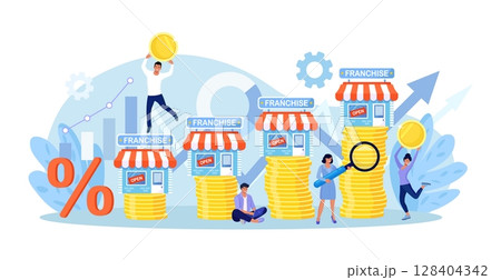 Franchise marketing system. People Start Franchise Small Enterprise, Company with Corporate Headquarter. Shops on Stacks of Money. Businessmen Increase Revenue, Profit with Franchising Business 128404342