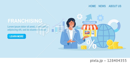 Franchise. Business woman hold store in hand. Person start franchising enterprise, company. Business expansion. Assets management, globalization. Market leadership. Successful shop branch opening 128404355