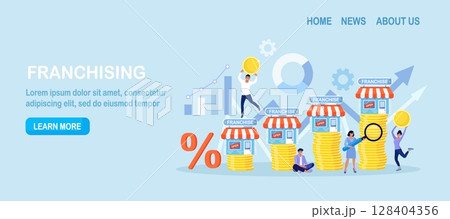 Franchise marketing system. People Start Franchise Small Enterprise, Company with Corporate Headquarter. Shops on Stacks of Money. Businessmen Increase Revenue, Profit with Franchising Business 128404356