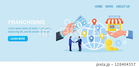 Businessmen Sign Franchise Agreement and Shaking Hands. Person Start Franchising Enterprise. Business Expansion. Assets Management, Globalization. Market leadership. Successful Shop Branch Opening 128404357