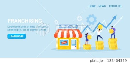 Franchise marketing system. People Start Franchise Small Enterprise, Company with Corporate Headquarter. Shop and Stacks of Money, Graph. Businessmen Increase Revenue, Profit with Franchising Business 128404359