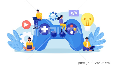 Game development, playing online. Creative process of computer video game design. Digital technology, programming. Programmers coding digital game. UI UX developers working on entertainment project 128404360