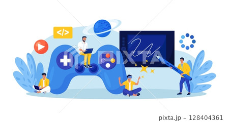 Game development. Creative process of video game design. Programming, digital technology and coding. Virtual world development, interactive design visualization. VR space exploring and simulation Game development. Creative process of video game design. Programming, digital technology and coding. Virtual world development, interactive design visualization. VR space exploring and simulation 128404361