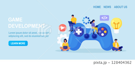 Game development, playing online. Creative process of computer video game design. Digital technology, programming. Programmers coding digital game. UI UX developers working on entertainment project Game development, playing online. Creative process of computer video game design. Digital technology, programming. Programmers coding digital game. UI UX developers working on entertainment project 128404362