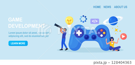 Game development. Creative process of video game design. Programming, digital technology and coding. Virtual world development, interactive design visualization. VR space exploring and simulation Game development. Creative process of video game design. Programming, digital technology and coding. Virtual world development, interactive design visualization. VR space exploring and simulation 128404363