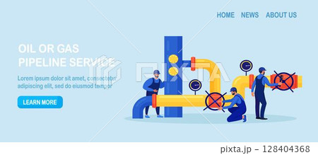 Oil industry, gas production. Operators control oil and gas transportation from plant with oil pipeline. Fossil resource. Fuel products. Engineers in workwear inspect petroleum pipelines 128404368