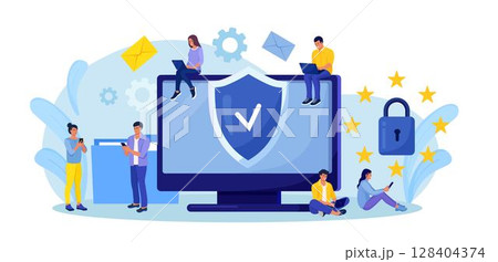 Shield with lock on computer screen as symbol of general data protection regulation. GDPR and privacy politics concept. Tiny people protecting business data and legal information Shield with lock on computer screen as symbol of general data protection regulation. GDPR and privacy politics concept. Tiny people protecting business data and legal information 128404374