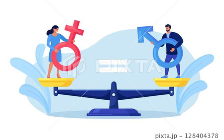 Man and woman standing on balanced scales. Gender equality. Workforce without gender discrimination. Fair job opportunity and salary, equal career opportunities. Equal rights between men and women 128404378