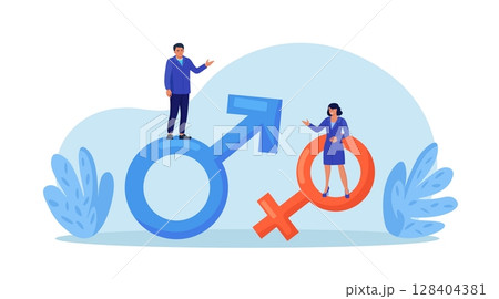 Gender business gap. Businessman and woman standing on gender symbol. Female discrimination. Inequality between men and women wage and career opportunity, salary disparity. Unequal rights 128404381