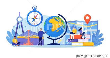 Geography school subject. People research cross section of volcano. Students studying atlas, lands, features, inhabitants of the Earth. Cartography and navigation, geology, environment research Geography school subject. People research cross section of volcano. Students studying atlas, lands, features, inhabitants of the Earth. Cartography and navigation, geology, environment research 128404384