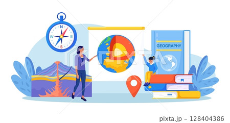Geography school subject. Pupil studying geology in classroom. Teacher pointing at chalkboard, teaching kids. Student learn earth mantle. Biosphere, geosphere, lithosphere, asthenosphere. Earth inside Geography school subject. Pupil studying geology in classroom. Teacher pointing at chalkboard, teaching kids. Student learn earth mantle. Biosphere, geosphere, lithosphere, asthenosphere. Earth inside 128404386