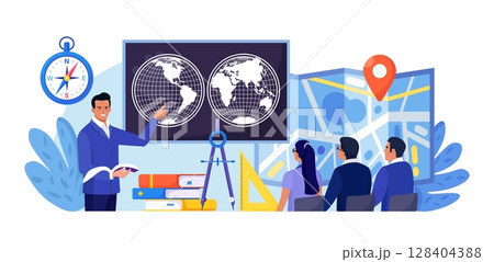 Geography school subject. People studying atlas, lands, features, inhabitants of the Earth. Cartography and navigation, geology, environment research.Teacher pointing at chalkboard, teaching students 128404388
