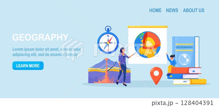 Geography school subject. Pupil studying geology in classroom. Teacher pointing at chalkboard, teaching kids. Student learn earth mantle. Biosphere, geosphere, lithosphere, asthenosphere. Earth inside 128404391