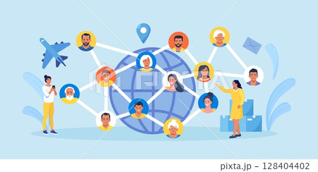 Globalization. People communicate at distance in cyberspace. Online friendship. Global communication worldwide. International business deal. Multicultural woman man from different countries together 128404402