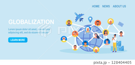 Globalization. People communicate at distance in cyberspace. Online friendship. Global communication worldwide. International business deal. Multicultural woman man from different countries together Globalization. People communicate at distance in cyberspace. Online friendship. Global communication worldwide. International business deal. Multicultural woman man from different countries together 128404405