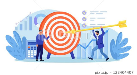 Businessman driving arrow to goal. Person sets and achieves goals. Business success achievement. Smart solution to achieve mission. Man aiming to target and hitting it 128404407