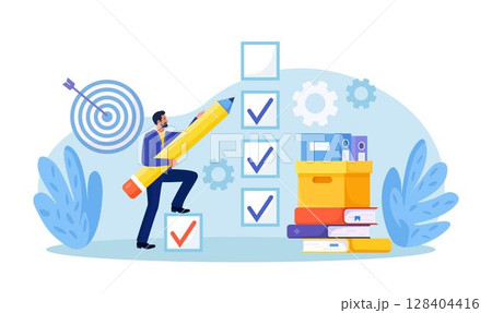 Businessman ticked checkbox after completing responsible project. Successful completion of business tasks. Complete task accomplishment, project done checklist. Successful achievement. Business target 128404416