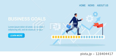 Progression from start to success or achieve goal. Business career path, mission or challenge to succeed. Businessman run on progress bar to achieve success flag. Project tracking, goal tracker 128404417