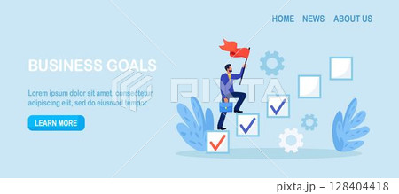 Project tracking, goal tracker. Businessman steps on checkbox in checklist to progress to target. Progression from start to success. Tasks completion to finish project. Development or improvement 128404418