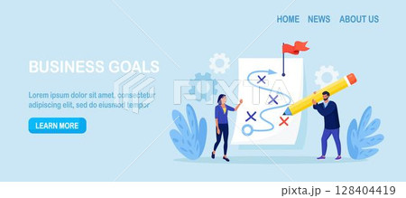 Plan to achieve goal. Businessmen planning business strategy on whiteboard, marketing tactic to reach target. Project analysis. Chart, scheme of action. Team brainstorm, solution to success 128404419