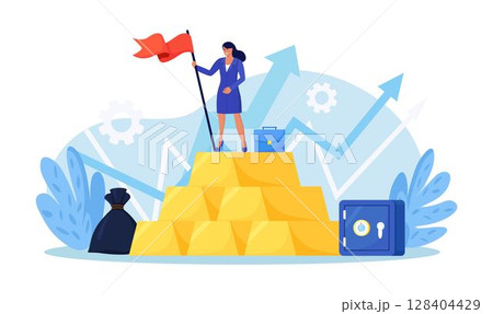 Gold investment. Successful investor or trader standing on stack of gold bar bullion. Employee making investing plans. Wealth management in financial crisis.  Financial literacy. Asset allocation 128404429