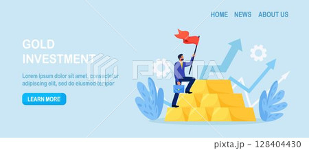 Gold investment. Successful investor or trader climbs up on stack of gold bar bullion. Employee making investing plans. Wealth management in financial crisis.  Financial literacy. Asset allocation 128404430