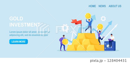 Gold investment concept. Successful investors or entrepreneur climb up steps and ingots towards flag. Financial literacy, goal setting. Trader or rich investor standing on stack of gold bar bullion Gold investment concept. Successful investors or entrepreneur climb up steps and ingots towards flag. Financial literacy, goal setting. Trader or rich investor standing on stack of gold bar bullion 128404431