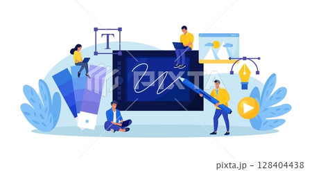 Graphic designers creating artwork using digital pen and tablet. Digital artist working on web page design. Advert designer or illustrator drawing picture on device screen. Professional software Graphic designers creating artwork using digital pen and tablet. Digital artist working on web page design. Advert designer or illustrator drawing picture on device screen. Professional software 128404438