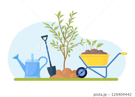 Wheelbarrow with shovel, watering can, saplings. Spring garden equipment. Horticulture set 128404442