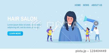 Hair and beauty salon. Hairdressers with professional tools care about hairstyle. Barbers working with clients in hairdressing salon. Hairstylist blow-dry with hairdryer, doing haircuts Hair and beauty salon. Hairdressers with professional tools care about hairstyle. Barbers working with clients in hairdressing salon. Hairstylist blow-dry with hairdryer, doing haircuts 128404449