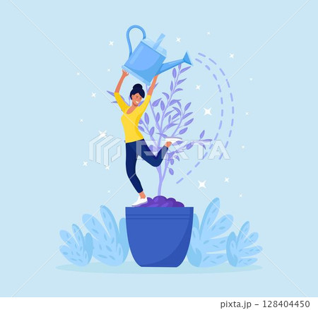 Personal growth. Tiny woman in flower pot watering herself. Metaphor growth personality as plant. Self improvement and professional development 128404450