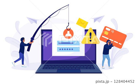 Cyber criminals phishing stealing private personal data, credentials, password, bank document and credit card. Tiny anonymous hackers attacking computer, hacking  email. Cyber crime, hacker attack 128404452