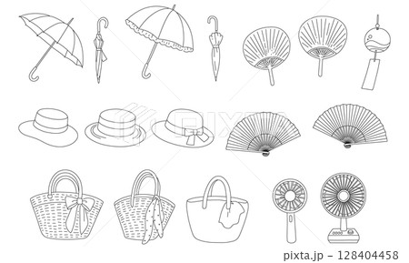 ぬり絵や装飾用にも使える夏のアイテム線画セット | 帽子・日傘・うちわ・風鈴など 128404458